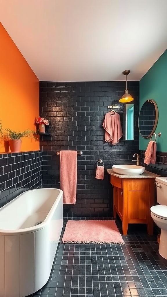 A modern bathroom featuring black grout with bold orange and teal walls, pink accessories, and a white bathtub.