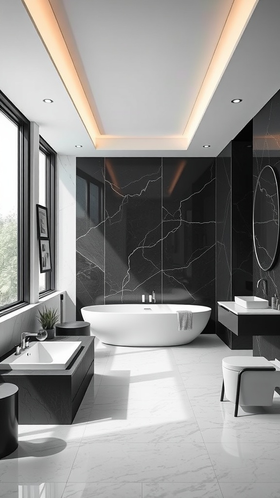 A contemporary black, white, and grey bathroom featuring a large bathtub, marble walls, and natural light streaming in through windows.