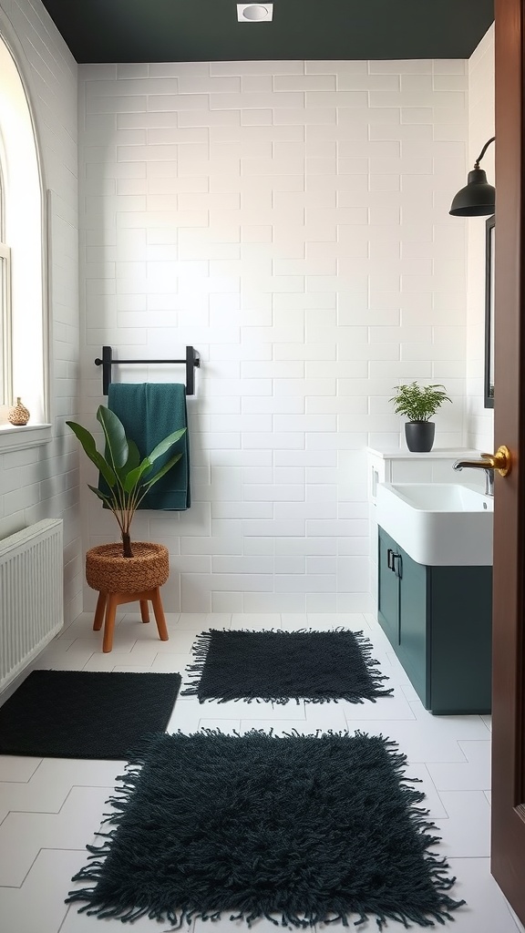 A stylish bathroom featuring dark green and black rugs on a white tiled floor, with a green ceiling and modern fixtures.