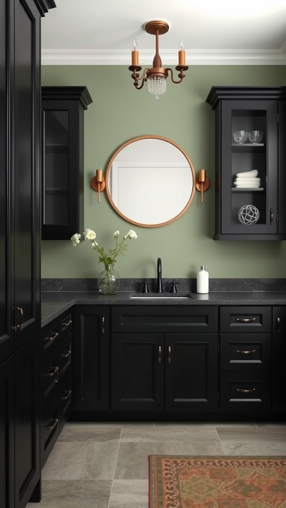 A stylish bathroom featuring sage green walls and contrasting black cabinets.