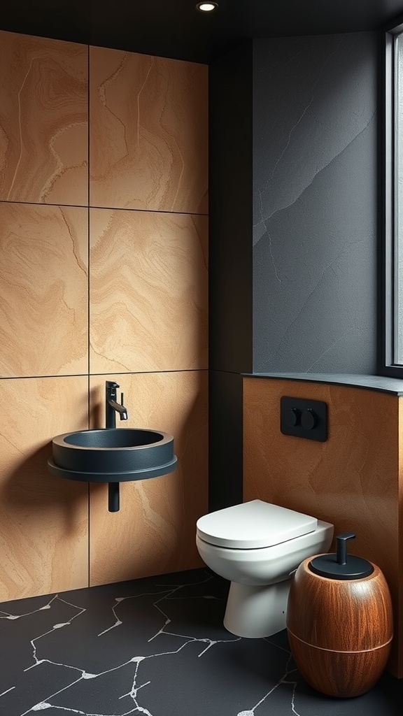 A modern black and tan bathroom with contrasting textures.