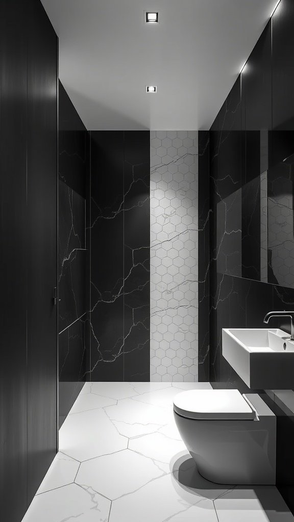 A modern bathroom featuring contrasting black, white, and green textures.