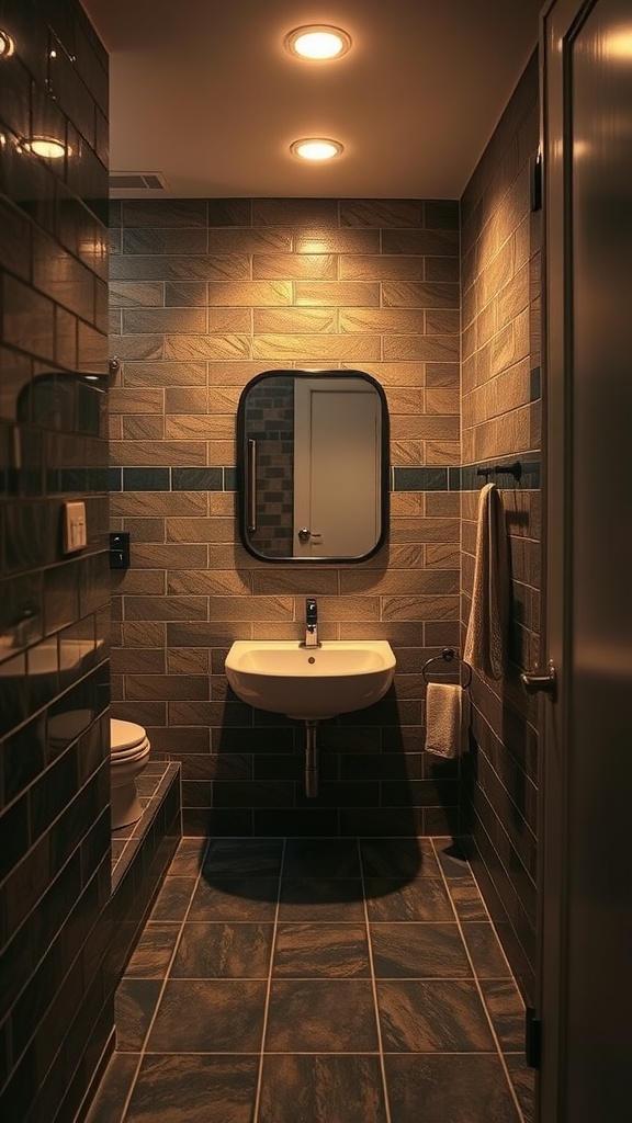 A cozy bathroom featuring dark grout, illuminated with soft lighting.