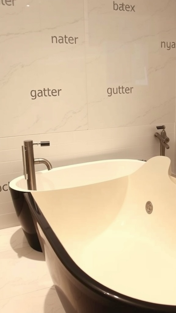 A black bathtub with a creamy liner set against a marble wall, featuring unique text design.