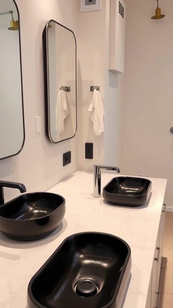 A bathroom with creamy countertops and two black sinks