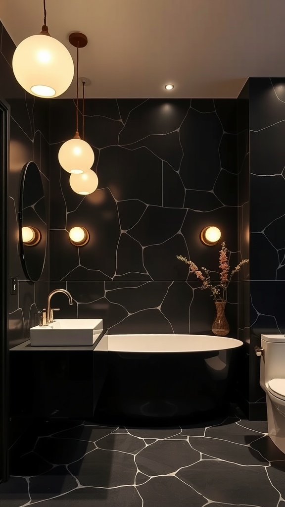 A modern black and cream bathroom featuring creamy lighting fixtures.