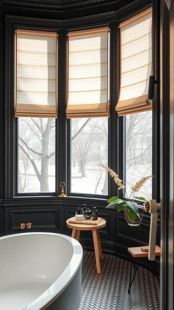 A black and cream bathroom featuring creamy window treatments, a freestanding tub, and a cozy seating area.