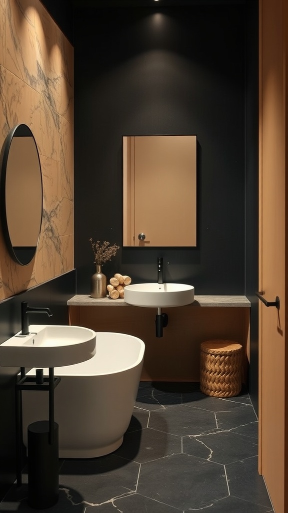 A stylish black and tan bathroom featuring a marble wall, modern fixtures, and warm accents.