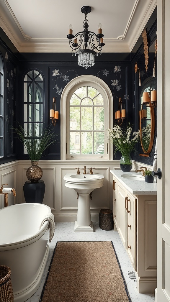 A beautifully designed bathroom featuring black walls, cream cabinetry, and elegant decor.