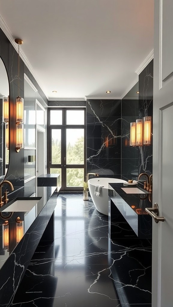 Luxurious bathroom interior featuring black marble accents, large windows, and warm lighting.