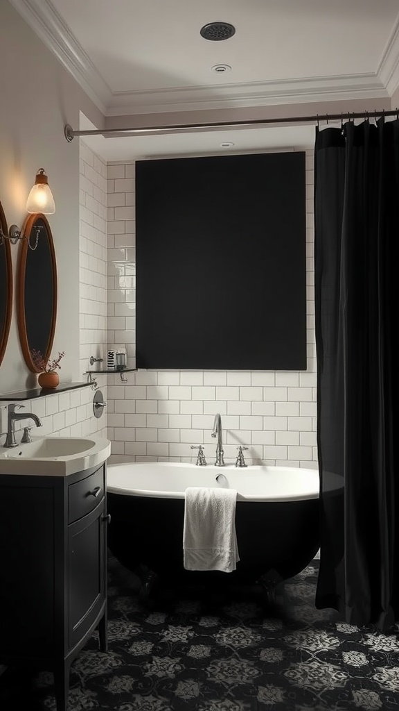 A luxurious bathroom featuring an elegant black shower curtain, a black bathtub, and stylish tile flooring.