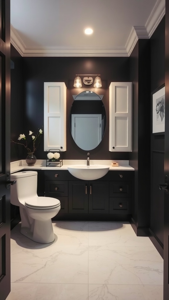 A modern black and white bathroom with dark walls, white cabinetry, and elegant fixtures.