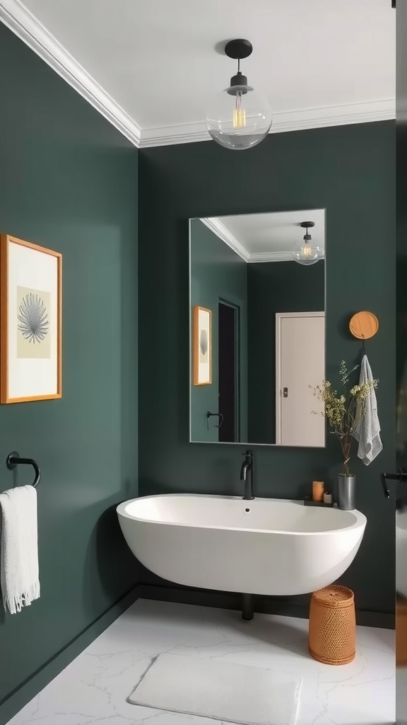 Elegant bathroom with dark green walls and modern fixtures.