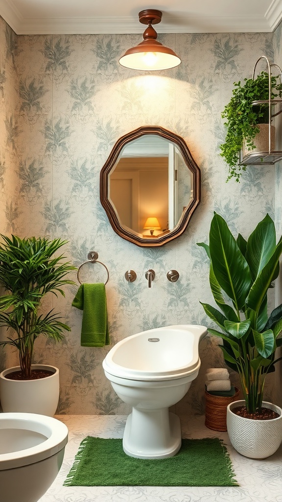 A stylish bathroom with green accents, plants, and a warm light fixture.