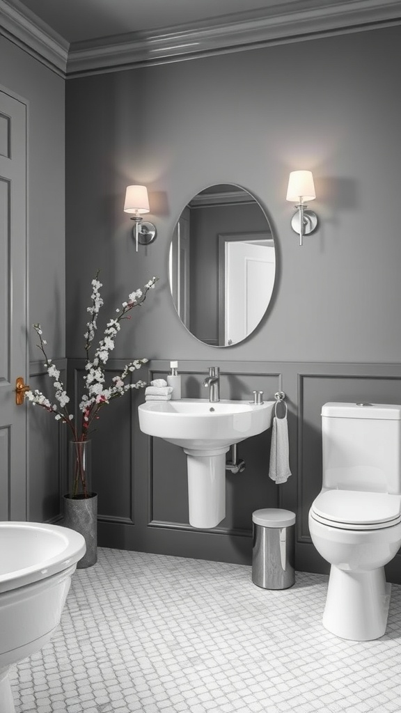 Elegant grey and white bathroom with soft lighting and floral accents