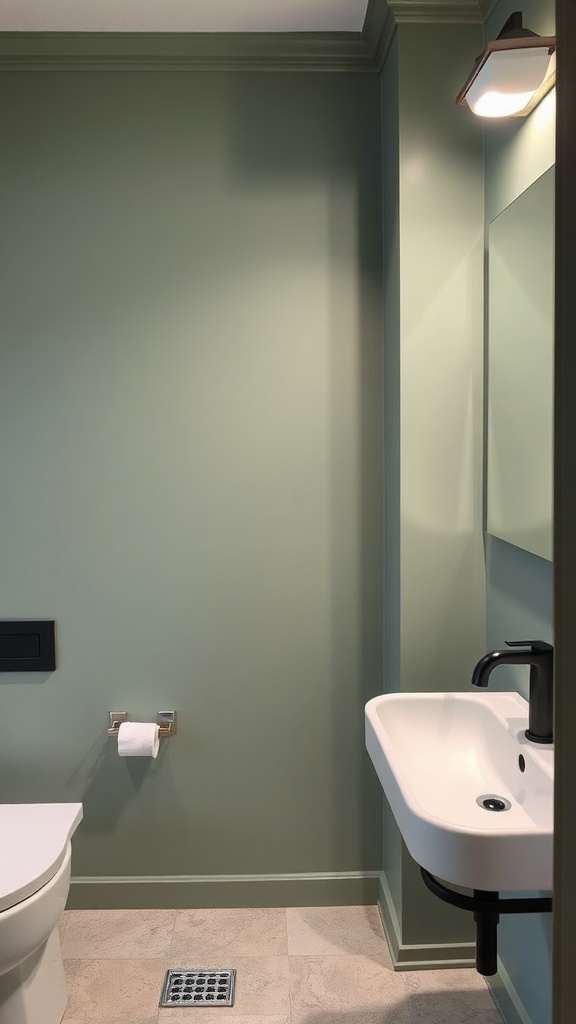 A bathroom featuring sage green walls with black fixtures and a contemporary sink.