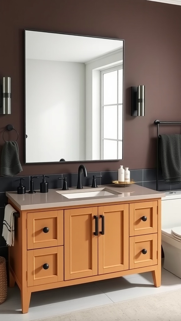 Elegant tan vanity with dark fixtures in a stylish bathroom