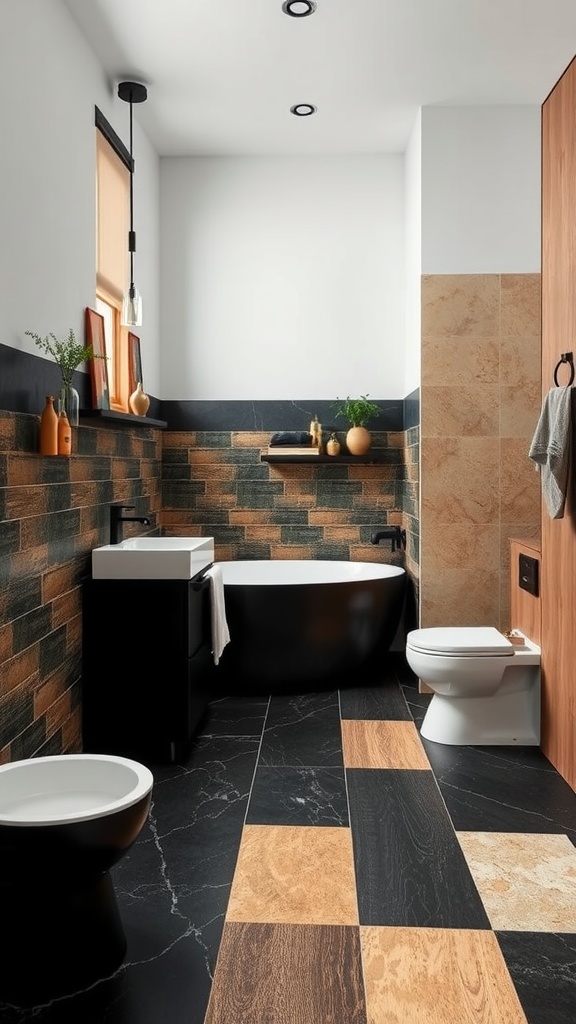 A modern black and tan bathroom with stylish flooring and fixtures.