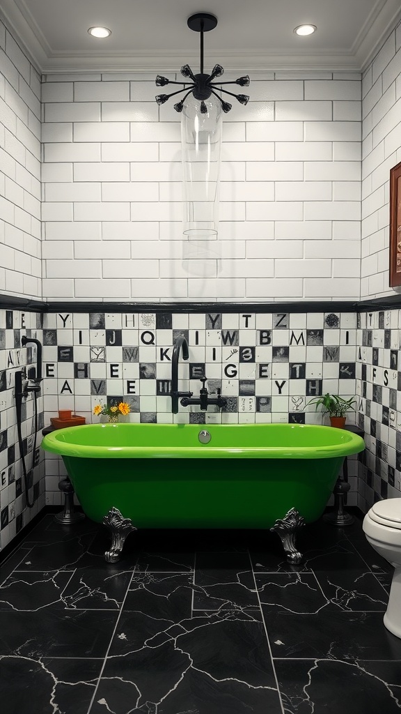 A vibrant green bathtub in a stylish black and white bathroom with decorative tiles and flowers.