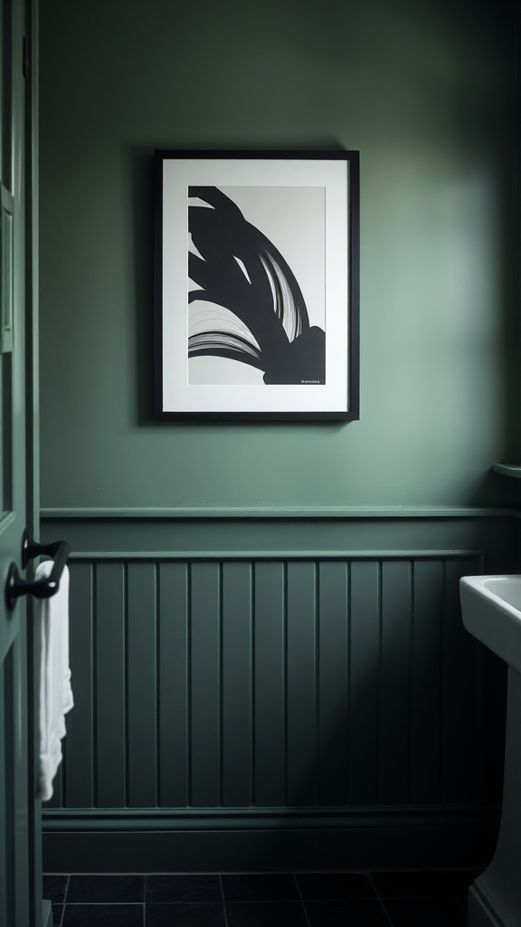 Framed black artwork on a green wall in a bathroom.