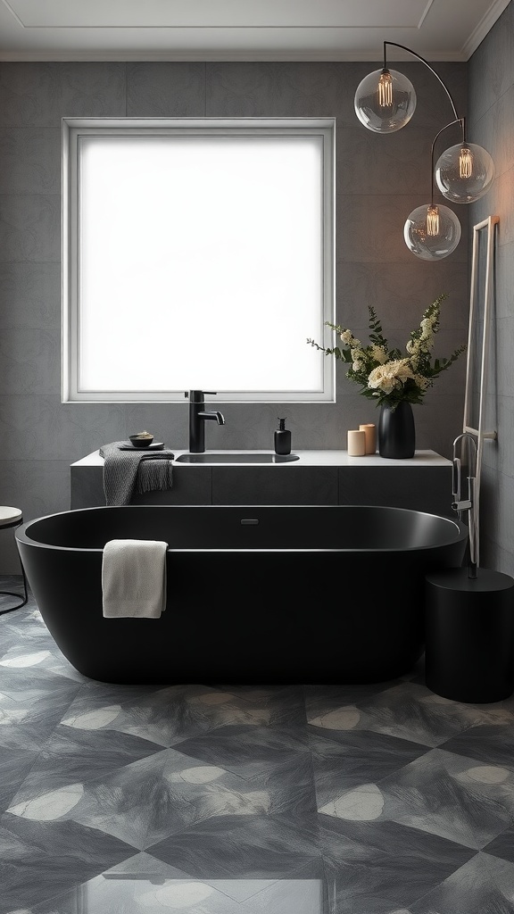 A modern bathroom featuring a freestanding black bathtub against gray walls, stylish lighting, and decorative elements.