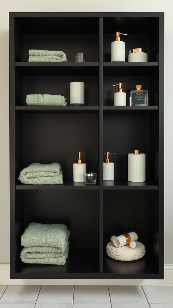 A black shelving unit filled with sage green towels and various bathroom products.