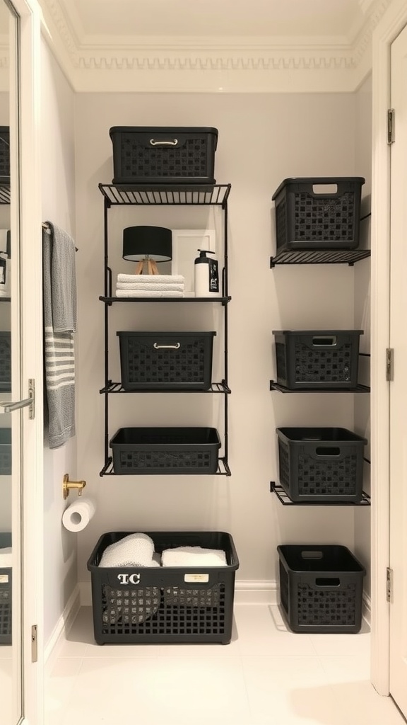 Black storage baskets on shelves in a cream bathroom