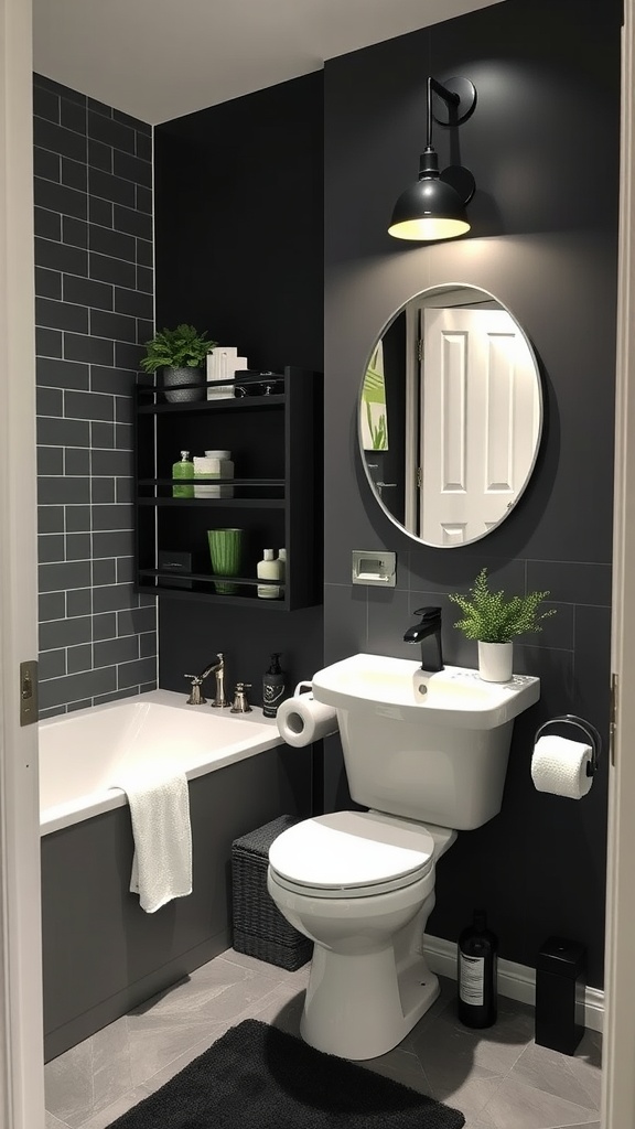 A modern black, white, and green bathroom with stylish storage solutions.