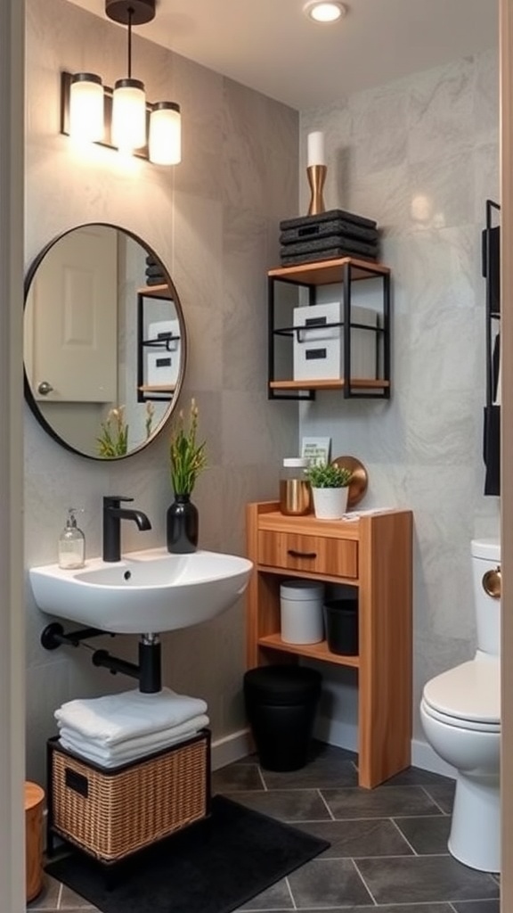 A modern black and tan bathroom with functional storage solutions including floating shelves, a wooden cabinet, and a basket under the sink.