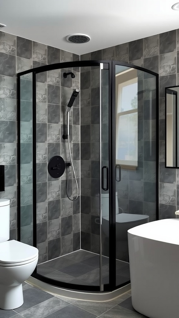 A modern bathroom featuring a glass shower enclosure with black trim, gray tiles, and a stylish bathtub.