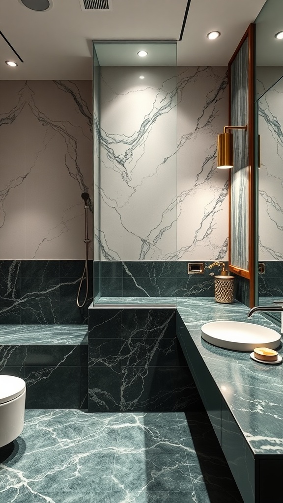 A modern bathroom featuring dark green and black marble accents with a sleek design.