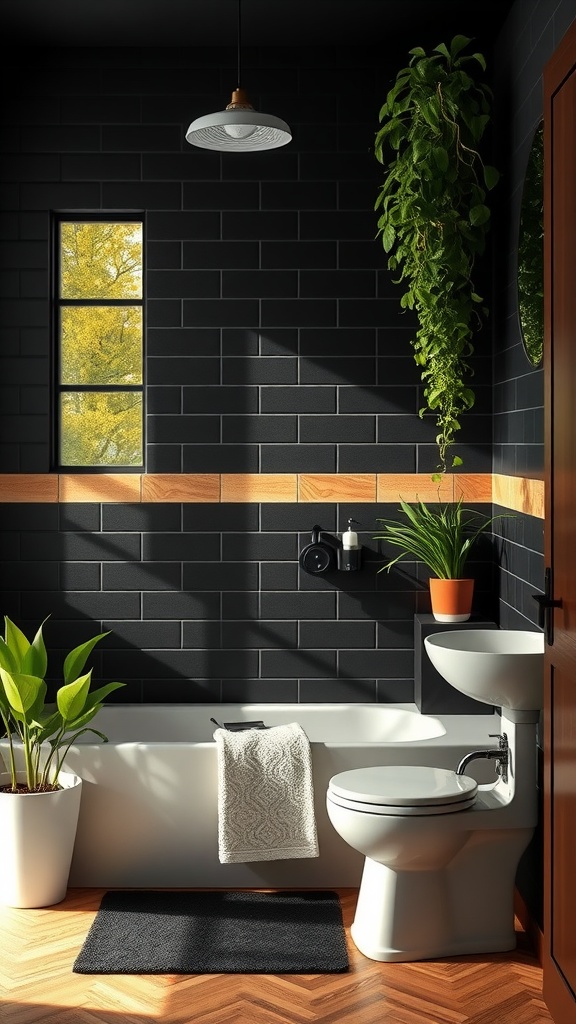 A stylish black and tan bathroom featuring plants and natural light.