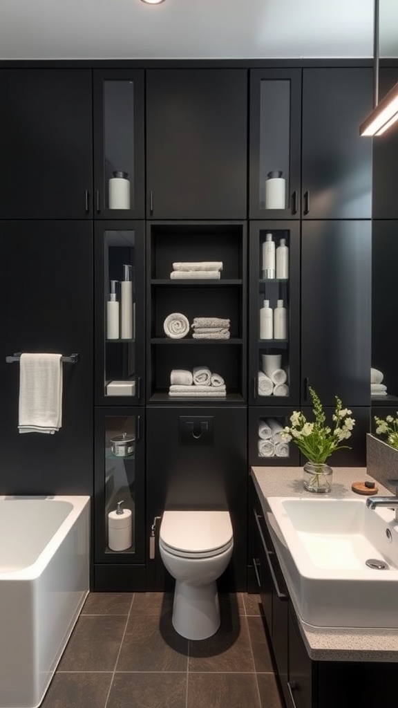 Modern black bathroom interior design featuring innovative storage solutions with sleek cabinetry.