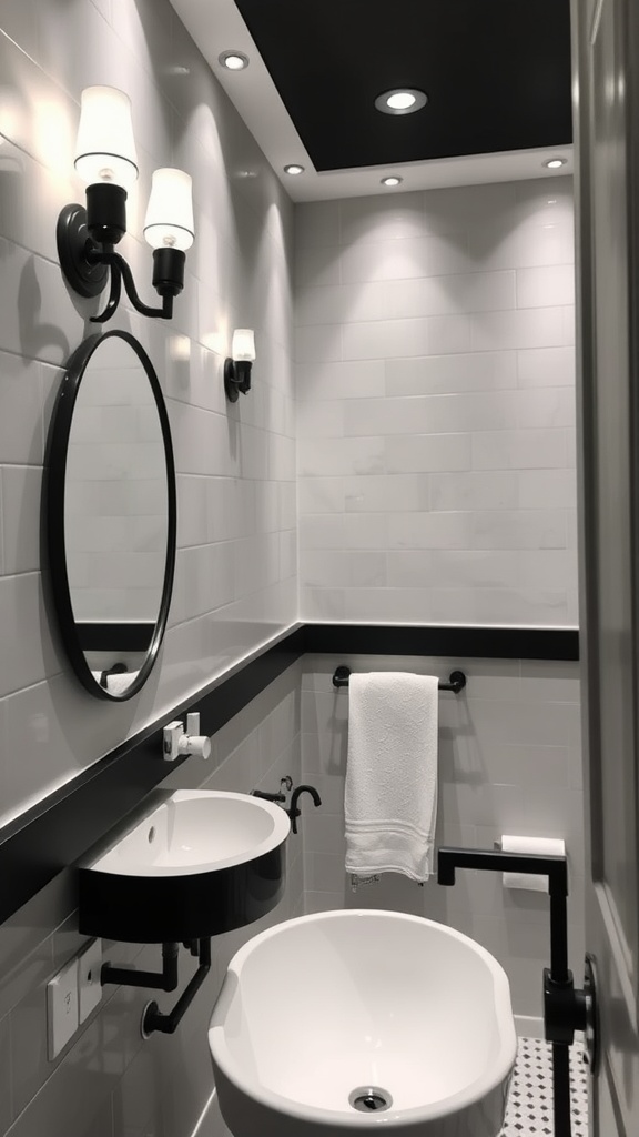 A modern black and white bathroom featuring layered lighting.