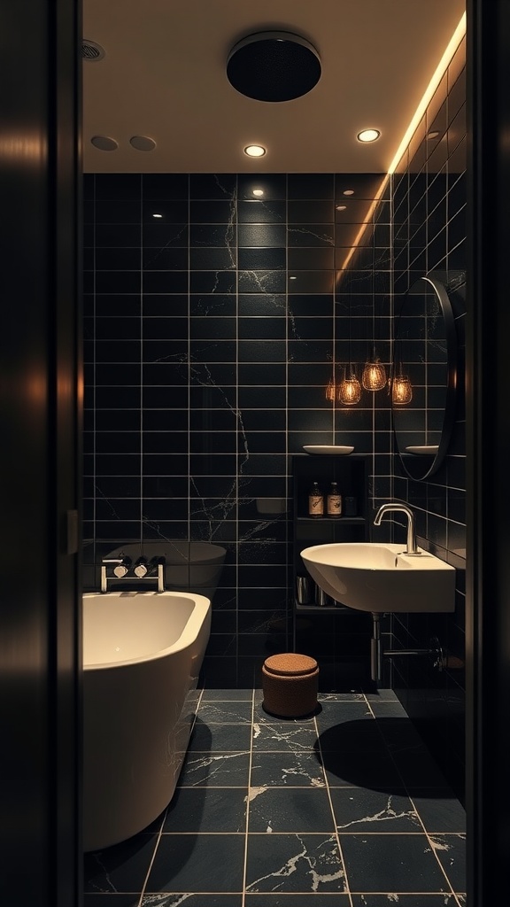 A stylish black and tan bathroom featuring modern lighting and elegant fixtures.