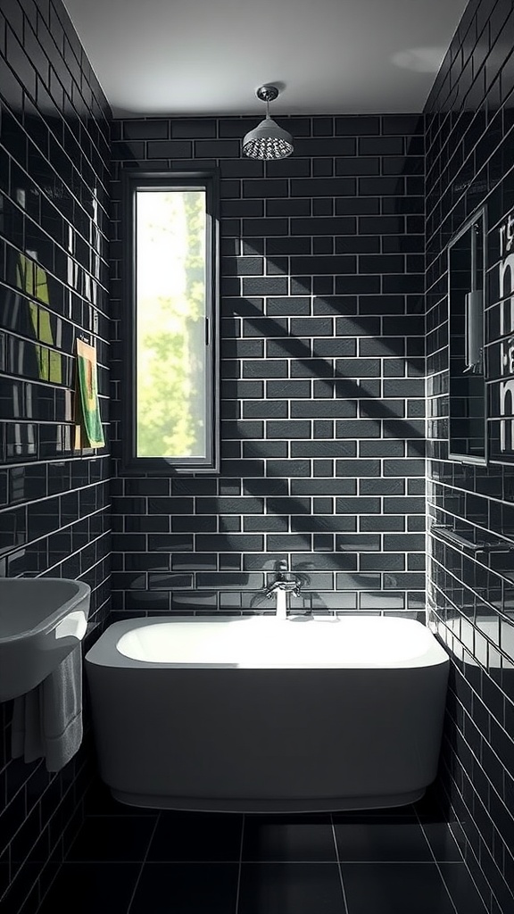 A modern bathroom featuring black grout tiles, a white bathtub, and natural light coming through a window.