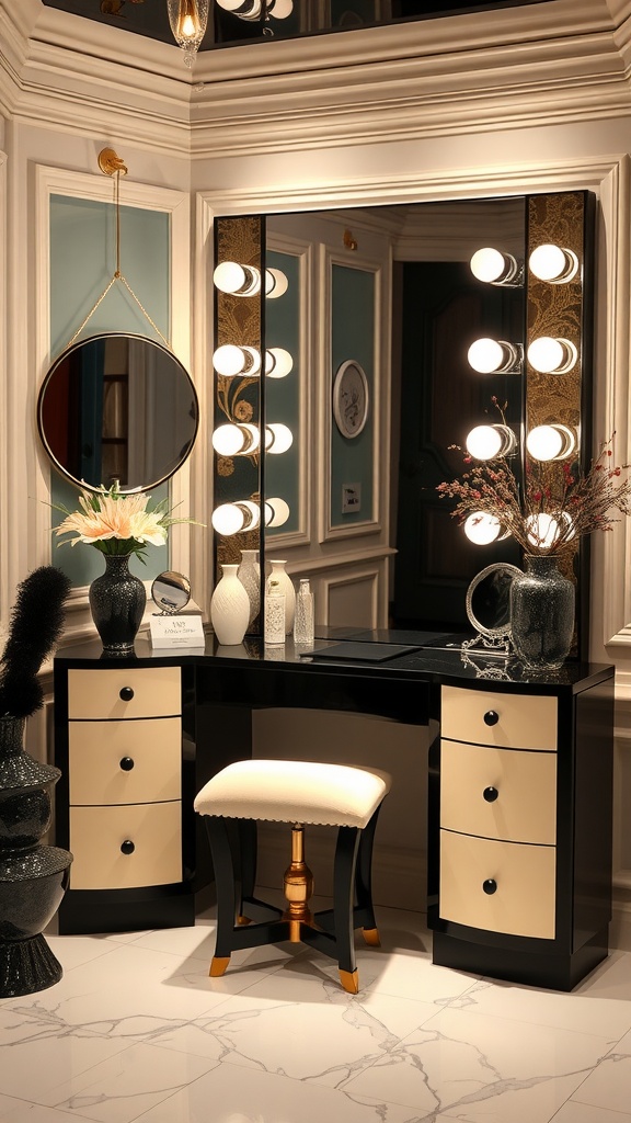 A stylish black and cream vanity with a mirror, stool, and decorative elements.