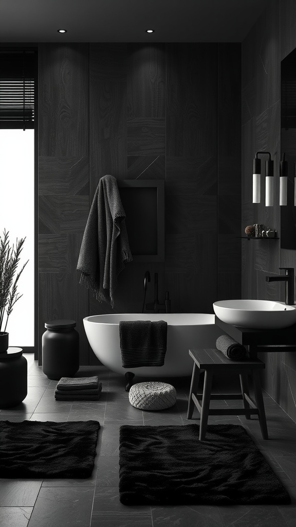 A luxurious black-themed bathroom with dark textiles including towels, mats, and accessories.