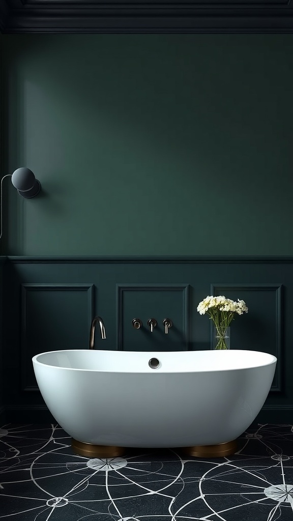 A luxurious bathtub in a dark green bathroom with stylish decor.