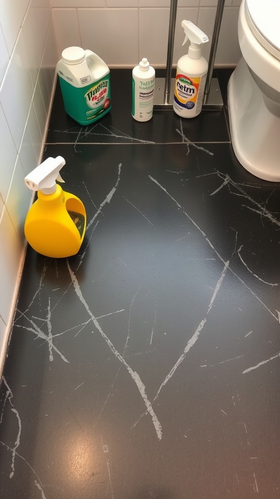 A bathroom floor with black grout and various cleaning supplies.