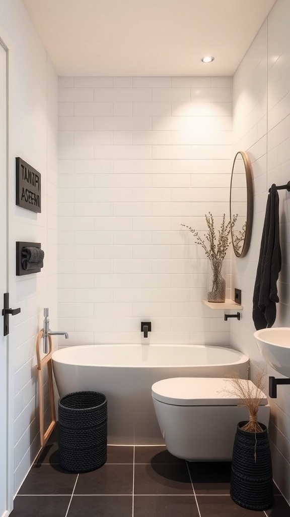 A modern bathroom featuring minimalist black accessories against a white tiled background.