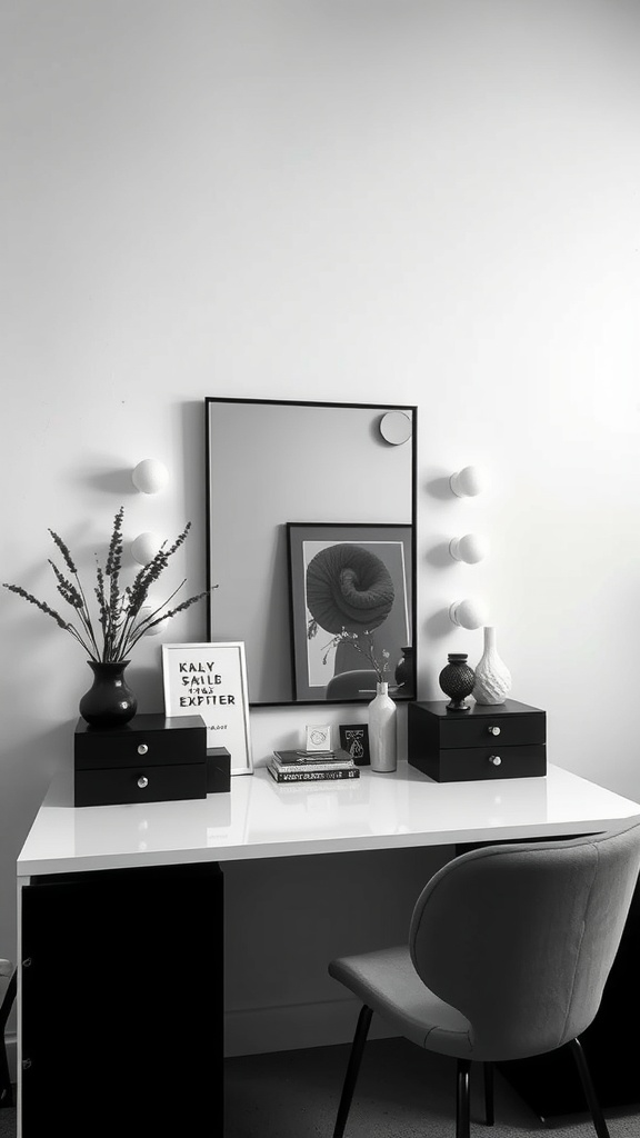 Minimalist black and white vanity with decorative elements