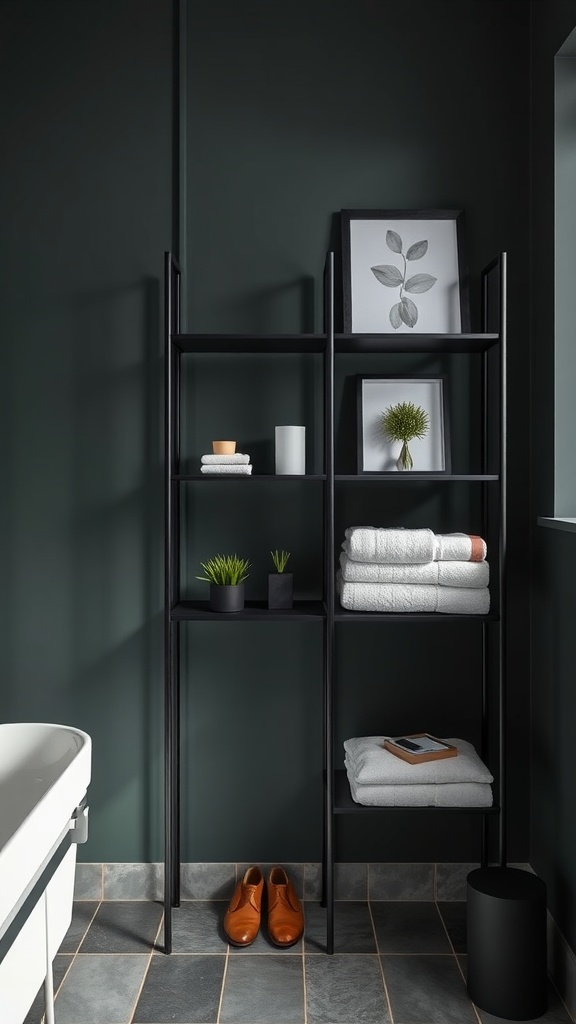 Minimalist black shelving unit in a dark green bathroom