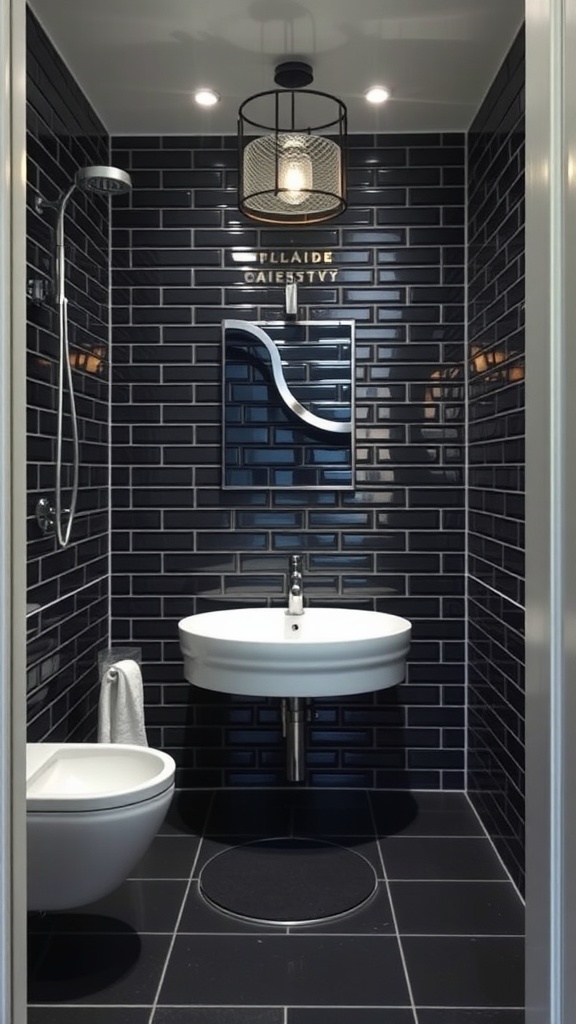 A modern bathroom featuring black grout, sleek tiles, a round sink, and stylish lighting.