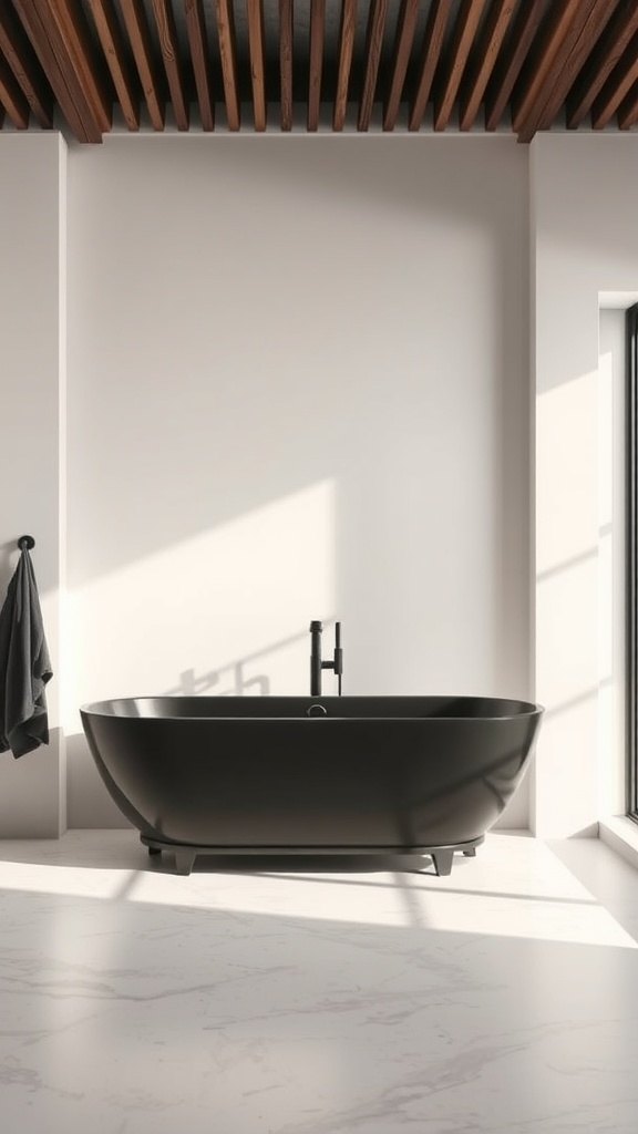 A modern black bathtub in a bright bathroom space