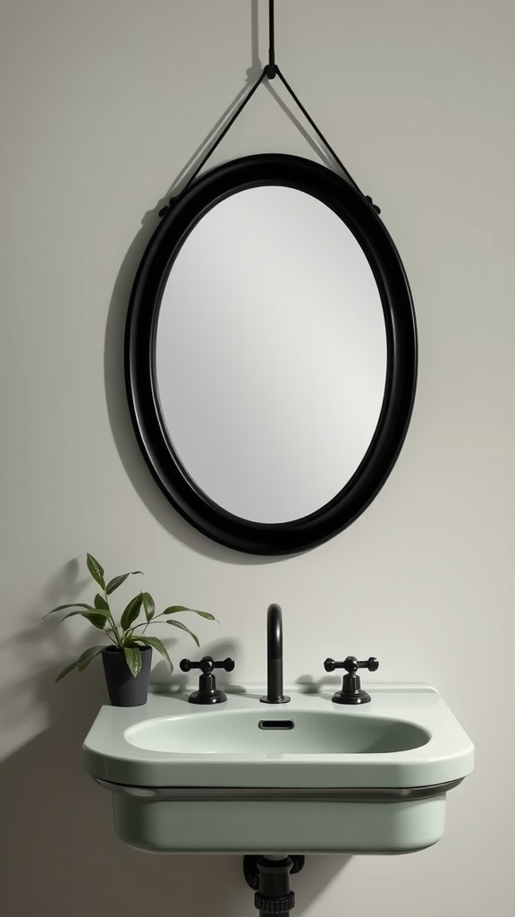 A modern black oval mirror hanging above a sage green sink with black faucets and a small plant.