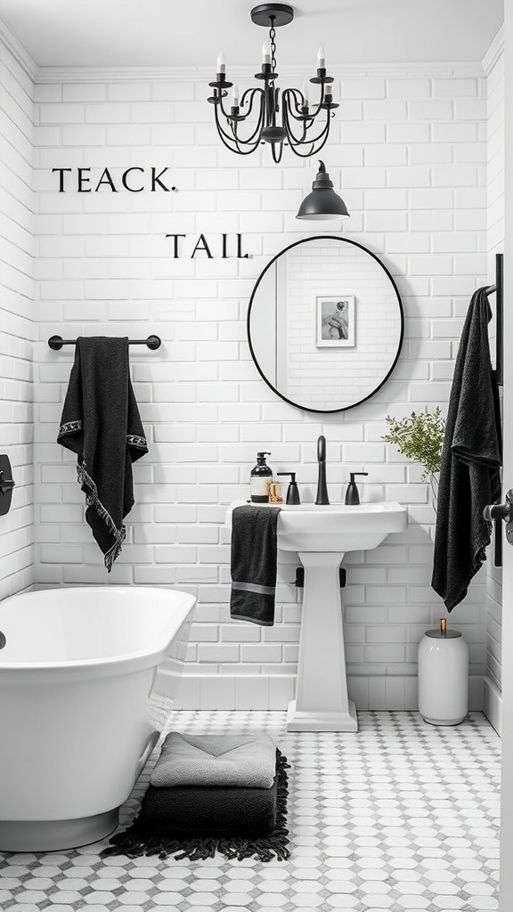 Luxurious bathroom interior design featuring a monochromatic color scheme with black and white elements