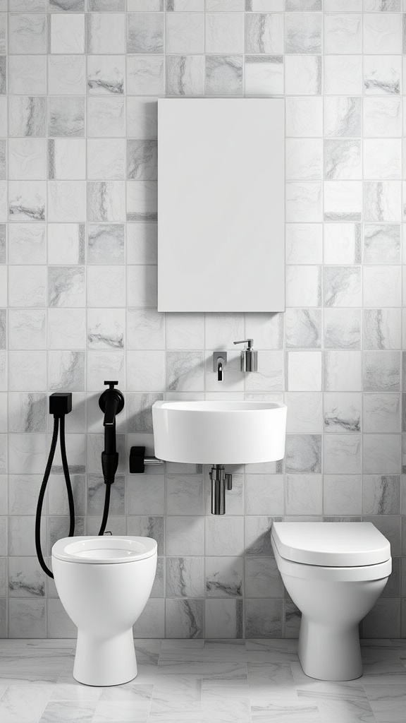 Monochrome bathroom with white sink, black fittings, and textured gray tiles.