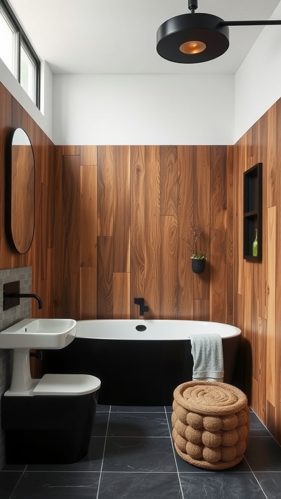 A modern bathroom featuring black finishes and natural wood elements.