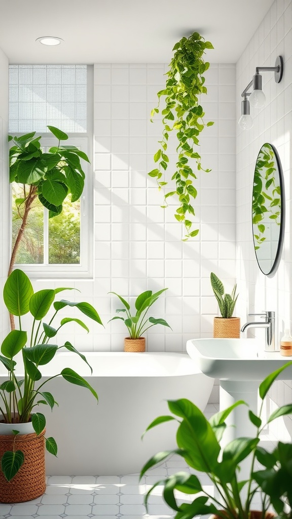 A bright bathroom featuring white tiles, a soaking tub, and various green plants by the window.